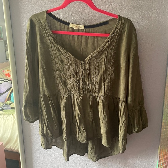 Sheer Army Green Cropped Blouse, Size L - Picture 1 of 3